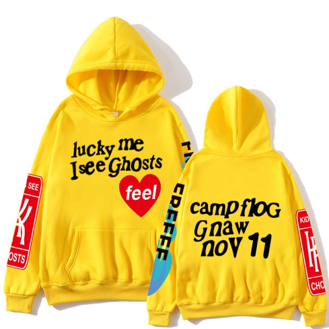Kanye West Graffiti Letter Print Heavyweight Sweatshirts Lucky Me I See Ghosts Men Hoodie Hip Hop Hooded casual Hoodies