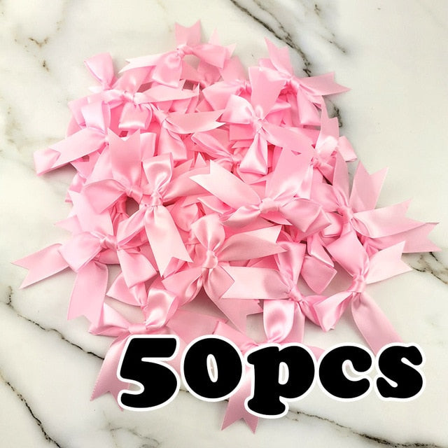 (50 Stück/Packung) 85 x 85 mm, frisches rosa Schleifenband, kleine Satinbandschleife, Blumenhandwerk, Dekoration, Handarbeit, DIY-Party-Dekoration