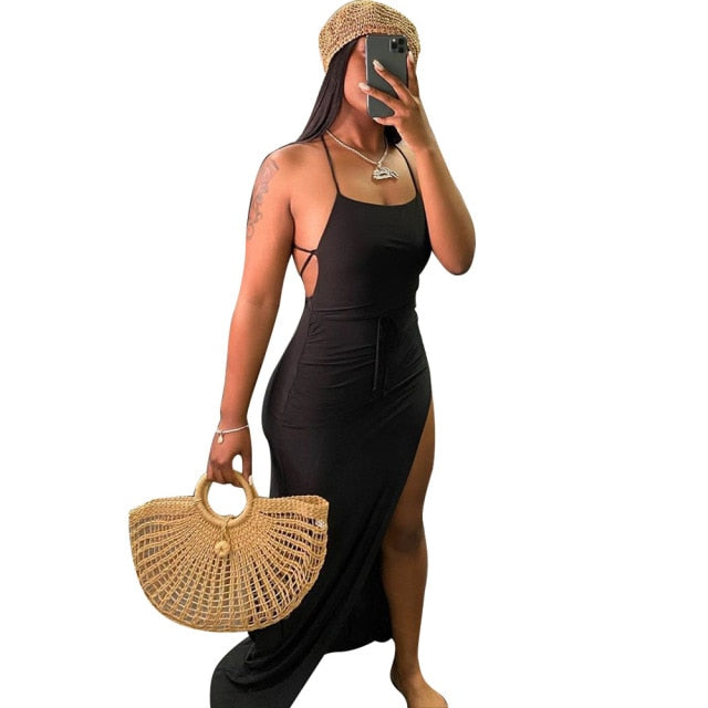 ANJAMANOR negro asimétrico espalda descubierta alta Split Maxi vestidos Sexy Club trajes para mujeres vacaciones playa ropa D35-BI24