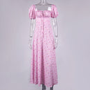 NewAsia Kleid mit Blumendruck, süßer eckiger Ausschnitt, Puffärmel, seitlich verschüttete Maxikleider mit Kordelzug für Damen, Party, schicke, lässige Outfits