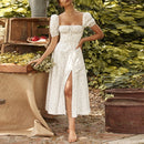 NewAsia Kleid mit Blumendruck, süßer eckiger Ausschnitt, Puffärmel, seitlich verschüttete Maxikleider mit Kordelzug für Damen, Party, schicke, lässige Outfits