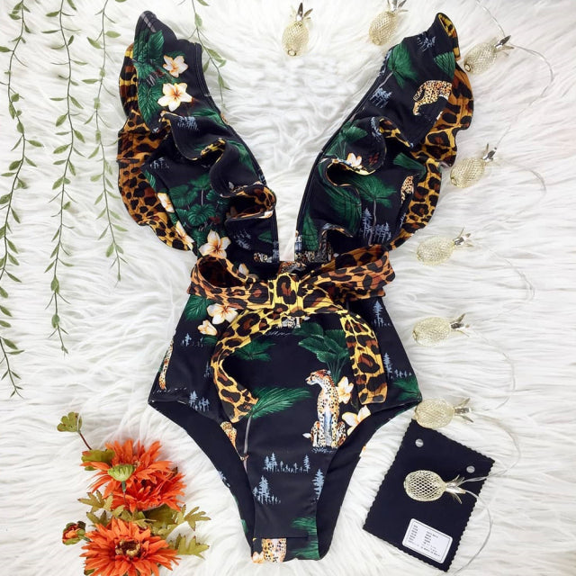 2021 New Sexy Ruffle Print Floral One Piece Swimsuit Off The Shoulder Swimwear Women Solid Deep-V Beachwear Bathing Suit Monkini