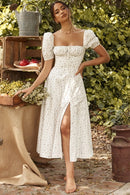 Vestido de verano para mujer, manga corta abullonada, estampado floral, fruncido, fiesta, abertura alta, largo, Maxi Vestidos con cordón, Sexy, vestido de verano