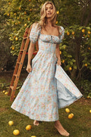 Vestido de verano para mujer, manga corta abullonada, estampado floral, fruncido, fiesta, abertura alta, largo, Maxi Vestidos con cordón, Sexy, vestido de verano