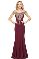Auf Lager Meerjungfrau Satin Hochzeitskleid Burgund Lange Spitze Open Back Goldspitze Abendkleid Mode Kleidung Vestido de Festa