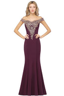 Auf Lager Meerjungfrau Satin Hochzeitskleid Burgund Lange Spitze Open Back Goldspitze Abendkleid Mode Kleidung Vestido de Festa