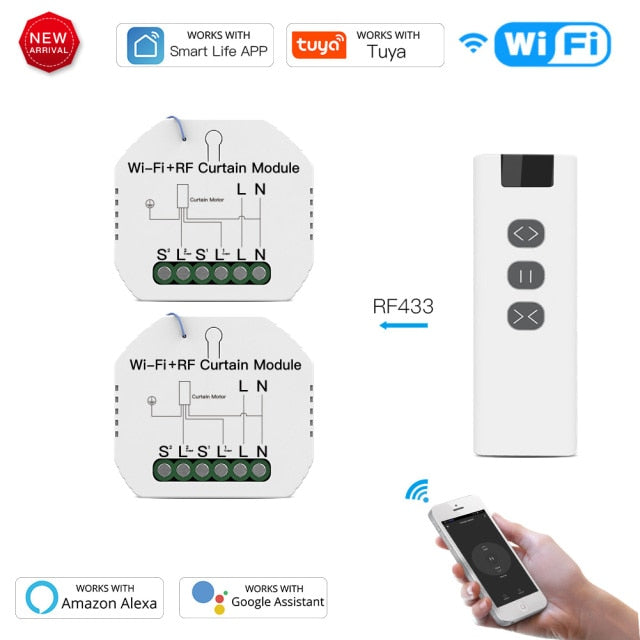 Tuya WiFi RF Roller Blind Shutter Curtain Switch Module with Remote for Electric Motor Sunscreen Works with Google Home Alexa