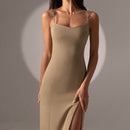 Beyouare vestidos elegantes para mujer cadena sin tirantes sin mangas sólido básico dividido hasta la rodilla Bodycon 2021 verano Sexy estilo joven