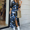 Mode Frauen Langarm Shirt Kleid Herbst Gedruckt OL Lange Kleider Laides Umlegekragen Lose Sommerkleid Partykleider