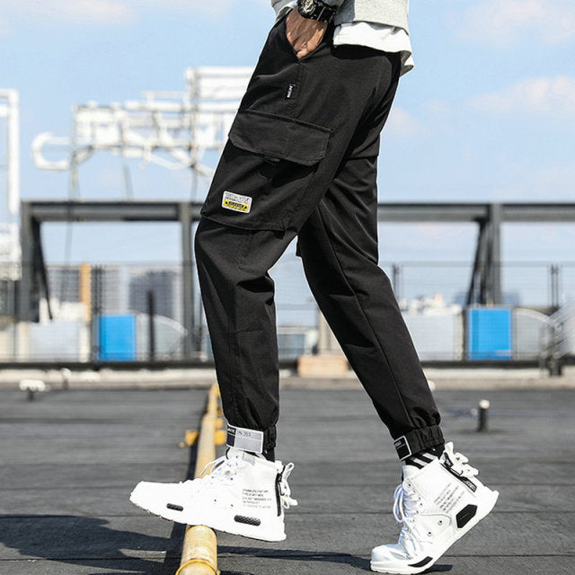 Herren Seitentaschen Cargo Haremshose 2021 Bänder Schwarz Hip Hop Lässige Männliche Joggerhose Mode Lässige Streetwear Hosen