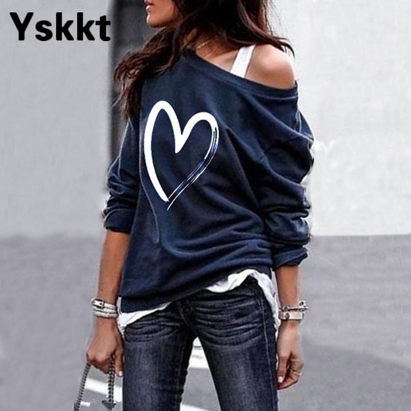 Yskkt, jersey para mujer, sudadera con estampado de corazón, camisetas de manga larga con un hombro, camisetas de chándal para otoño e invierno, Top informal para mujer