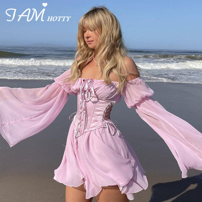 IAMHOTTY gasa Slash Neck Mini vestido mujer verano playa vacaciones manga larga corsé vendaje vestido de fiesta Casual vestidos rosa