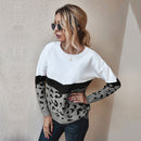 Mode Leopard Patchwork Herbst Winter 2021 Damen Strickpullover Frauen Oansatz Volle Hülse Pullover Pullover Top Khaki Braun