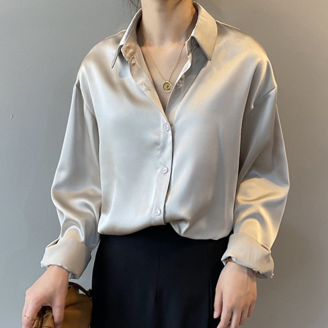 Autumn Fashion Button Up Satin Silk Shirt Vintage Blouse Women White Lady Long Sleeves Female Loose Streetwear Shirts 11355