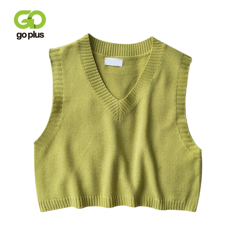 GOPLUS Women V-Neck Knitted Vest 2021 New Spring Autumn Sweater Vests Short Female Casual Sleeveless Twist Knit Pullovers C9510