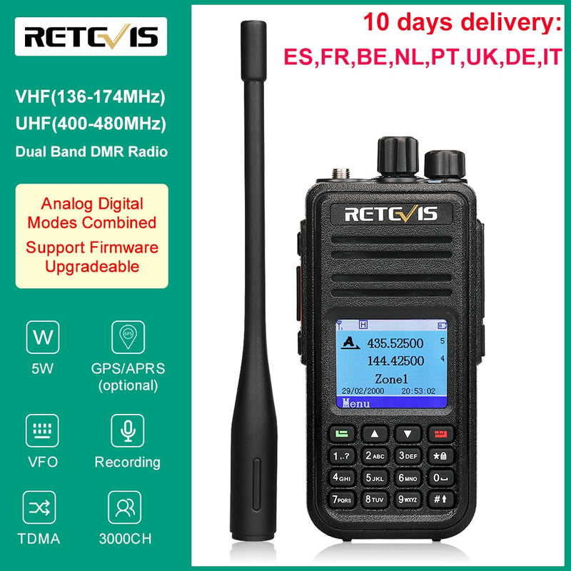 Retevis RT3S DMR Digital Walkie Talkie Ham Estaciones de radio Amateur VHF UHF Banda dual VFO GPS APRS Ranura de tiempo dual Promiscua 5W