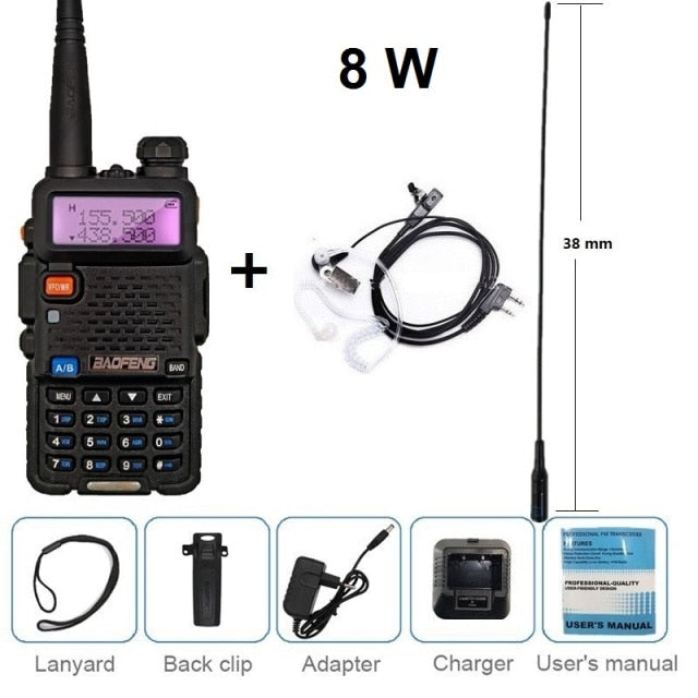 Real 8W BAOFENG UV-5R Walkie Talkie VHF UHF alta potencia Ham Radio transceptor escáner UV5R estación de Radio CB portátil para caza