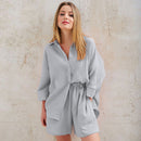 HiLoc Lässige Nachtwäsche Baumwolle Pyjamas für Damen Sets Anzug Umlegekragen Neunviertel Ärmel Schlafoberteile Shorts Damen Homewear