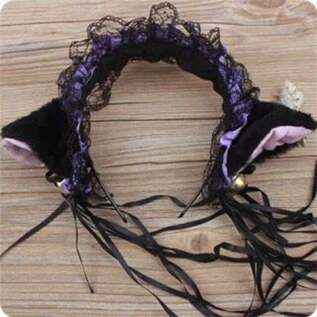 Frauen Rüschen Spitze Stirnband Plüsch Katzenohren Band Glocke Lolita Cosplay Haarband
