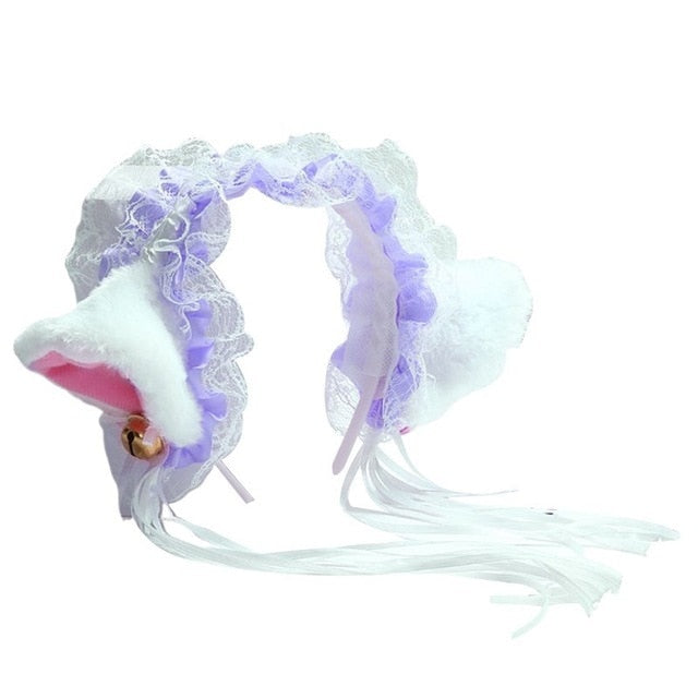 Women Ruffles Lace Headband Plush Cat Ears Ribbon Bell Lolita Cosplay Hair Hoop