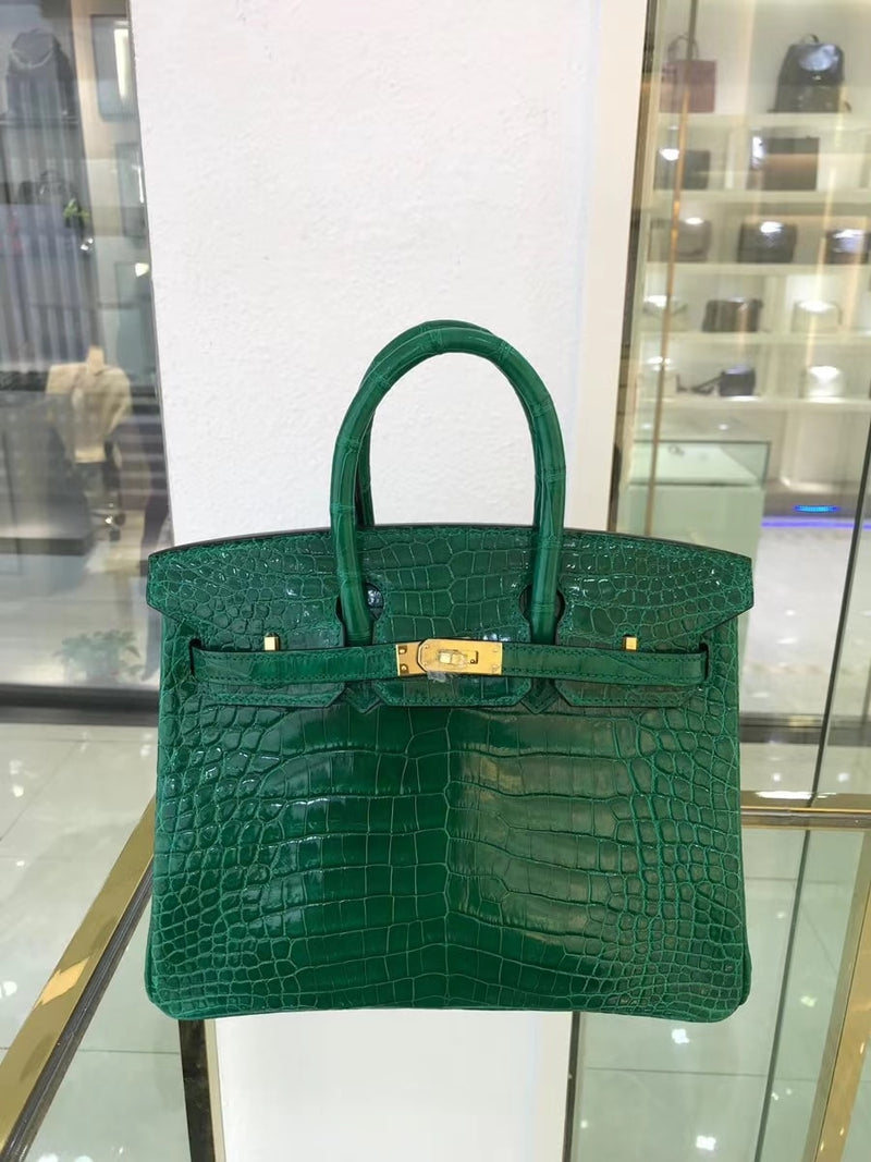 Vollständig handgefertigte Krokodil-Handtasche, 25 cm, grüne, glänzende Krokodilledertasche, Luxus-Geldbörse, Nähte mit Wachslinie, schnelle Lieferung