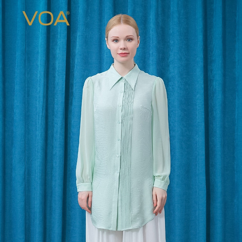 VOA Silk Green Damen Blusen Rollkragen Mikrotransparent Langarm Asymmetrisch Einreiher Bürodame Hemd Sommer BE631