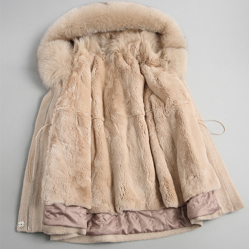 Wool Coat Women Real Rex Rabbit Lining 2020 Alpaca Woolen Coats Natural Fox Fur Hooded Winter Jacket 18141 WYQ2020