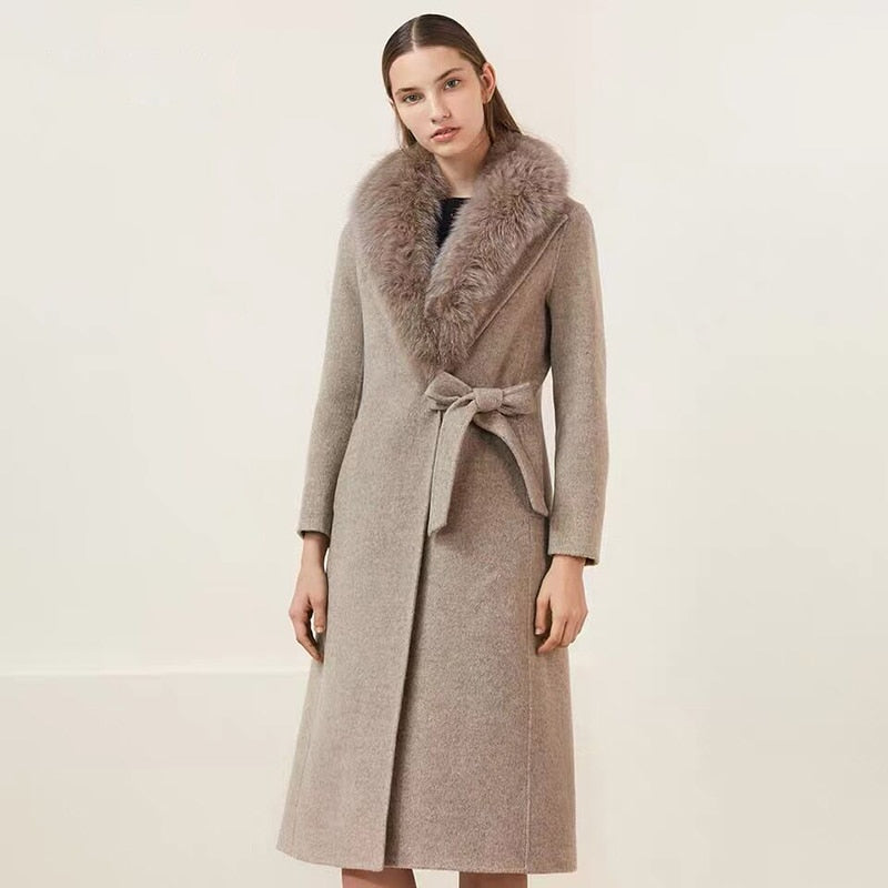 Wolle Weiblicher Mantel Winter 2020 langer Mantel mit Fuchspelzkragen Herbst Damenkleidung