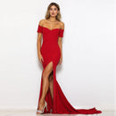 Sexy Schwarz Rot Schulterfrei Brautjungfernkleid Enge Hüften Slash Neck High Split Hochzeit Abschlussball Langes Abschlussball Rückenfreies Kleid