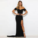 Sexy Schwarz Rot Schulterfrei Brautjungfernkleid Enge Hüften Slash Neck High Split Hochzeit Abschlussball Langes Abschlussball Rückenfreies Kleid