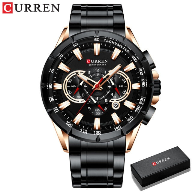 CURREN New Casual Sport Chronograph Men's Watches Stainless Steel Band Wristwatch Big Dial Quartz Clock with Luminous Pointers