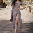 Kurzes Puffärmel-Blumendruck-Rüschen-Partei-Hoch-Split-Frauen-Sommerkleid-lange Maxikleider Kordelzug-reizvolles Vestidos-Sommerkleid