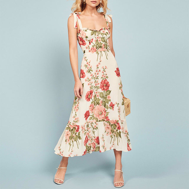 Dresses For Women 2021 Elegant Vintage Floral Dress Frill Sweetheart Neck Sleeveless Strap Tie Ruffle Hem Summer Beach Dress
