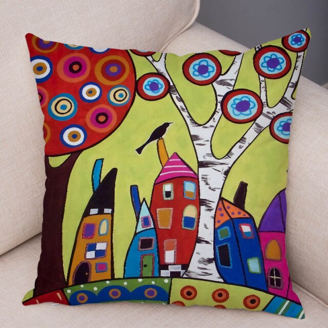 Pillow Cover for Sofa Retro Rural Color Cities Cushion Home Car Decor Colorful Cartoon House Case Tree Short Plush Pillowcase
