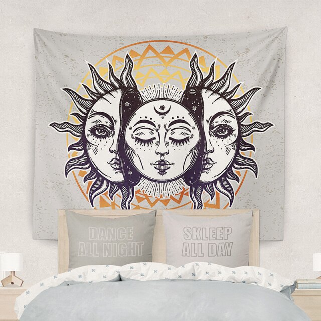 Sun Moon Mandala Tapestry Mysterious Celestial Meditation Psychedelic Runes Art Wall Hanging Tapestries for Living Room Decor