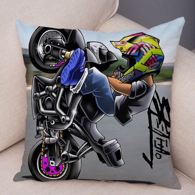 Funda de almohada deportes extremos funda de cojín decoración dibujos animados motocicleta suave colorido móvil bicicleta funda de almohada para sofá casa coche