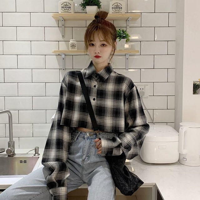 Karierte Hemden Frauen Einreiher Frühling Herbst Koreanischen Stil Chic Beliebte Trendy Streetwear Allgleiches Ulzang Weibliches Crop Top
