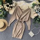 YuooMuoo Herbst Winter Frauen Strickpullover Kleid 2021 Neue Koreanische Lange Fledermausärmel V-ausschnitt Elegantes Kleid Damen Verbandkleid