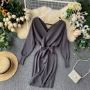 YuooMuoo Herbst Winter Frauen Strickpullover Kleid 2021 Neue Koreanische Lange Fledermausärmel V-ausschnitt Elegantes Kleid Damen Verbandkleid