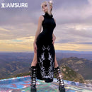 IAMSURE Dark Split Side Sommerkleid Gothic Sexy Slim Rollkragen Ärmellos Lange Kleider Für Frauen 2021 Party Night Club Wear