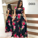 Frauen Kurzarm Aushöhlen O-Ausschnitt Langes Kleid Sommer Elegantes Blumenmuster Hohe Taille Elastische Elegante Boho Robe Maxi Vestidos
