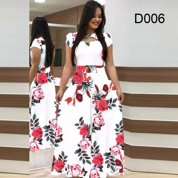 Women Short Sleeve Hollow Out O-neck Long Dress Summer Elegant Floral Printed High Waist Elastic Elegant Boho Robe Maxi Vestidos