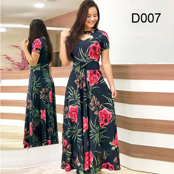 Women Short Sleeve Hollow Out O-neck Long Dress Summer Elegant Floral Printed High Waist Elastic Elegant Boho Robe Maxi Vestidos