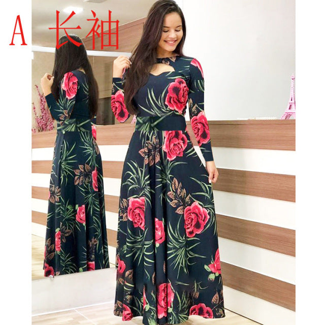 Women Short Sleeve Hollow Out O-neck Long Dress Summer Elegant Floral Printed High Waist Elastic Elegant Boho Robe Maxi Vestidos