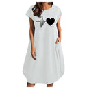 Frauen Casual O-Ausschnitt Kurzarm Mitte Waden Sommerkleid mit Tasche Denim Basic Festes Kleid Strandparty Loses Kleid Urlaub