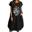 Frauen Casual O-Ausschnitt Kurzarm Mitte Waden Sommerkleid mit Tasche Denim Basic Festes Kleid Strandparty Loses Kleid Urlaub