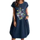 Frauen Casual O-Ausschnitt Kurzarm Mitte Waden Sommerkleid mit Tasche Denim Basic Festes Kleid Strandparty Loses Kleid Urlaub