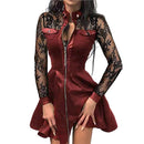 Mode Kleider Frauen Spitze Langarm Reißverschlusstasche Großer Saum Kunstleder Minikleid Party elegant schlank Sexy Frauen Kleid