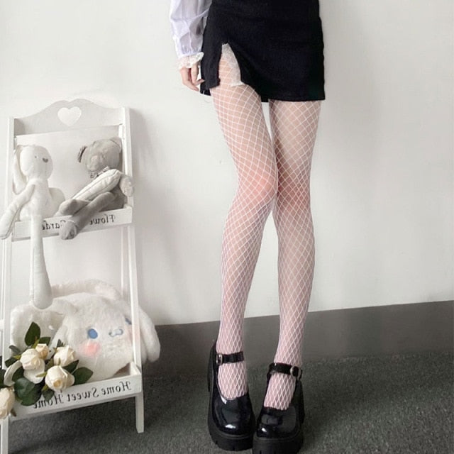 Sexy Frauen Hohe Taille Netzstrumpf Club Strumpfhosen Panty Stricknetz Strumpfhose Mesh Dessous Anime Lolita Cosplay Kostüme 2021