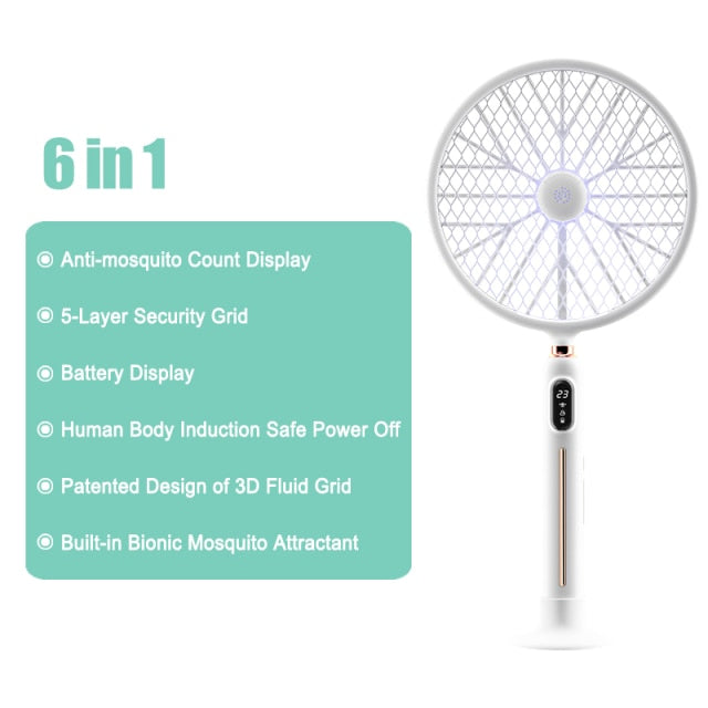 6 in 1 LED-Display Smart Electric Moskito Swatter 3000 V Starke Spannung Insektenvernichter Menschlicher Körper Induktion Keine Strahlung mit Lüfter